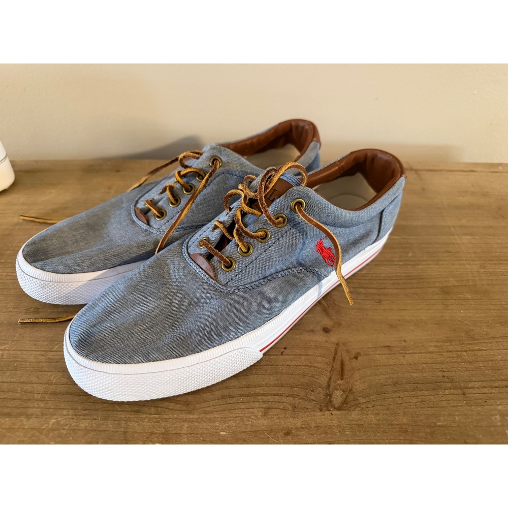Polo Ralph Lauren Vaughn Blue Chambray Leather Sneakers Mens 9.5D Low Top Shoes